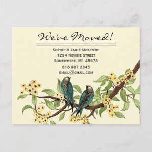 Gelbe Blumen Türkis Vintage Vögel Wir sind umgezog Ankündigungspostkarte
