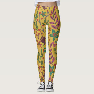 Gelbe Blumen und Blätter mit nahtlosem Blumenmuste Leggings