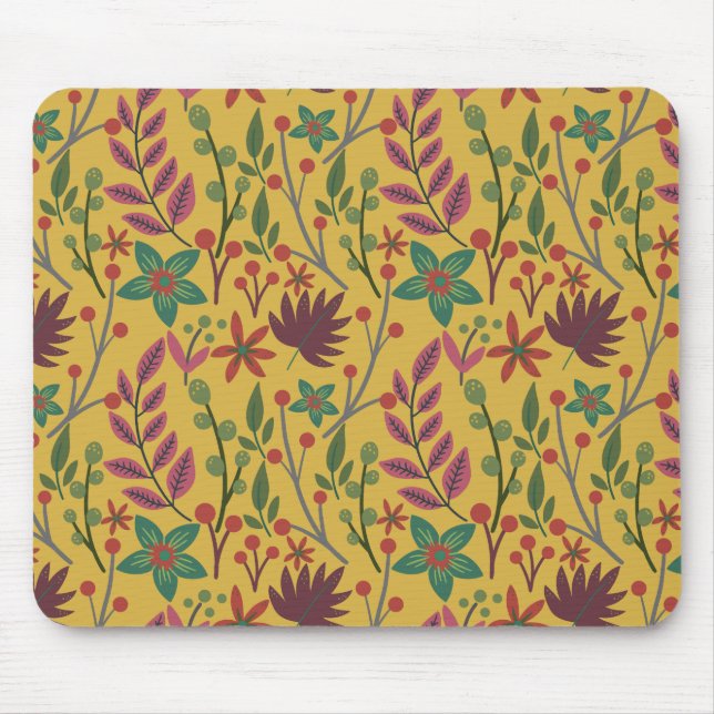 Gelbe Blumen und Blätter mit nahtlosem Blumenmuste Mousepad (Vorne)