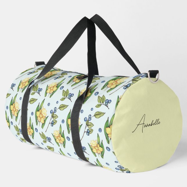 Gelbe Blumen und Blaubeeren Name  Duffle Bag (Linke Ecke)