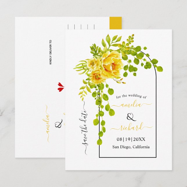 Gelbe Blumen und Hochzeit im Herbst Save the Date Postkarte (Vorne/Hinten)