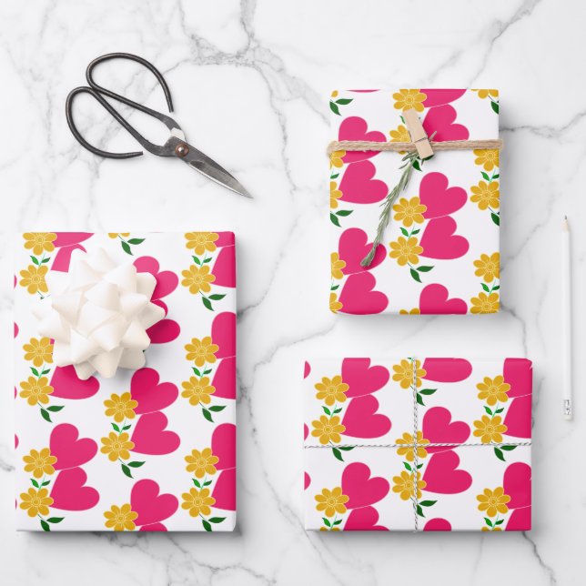 Gelbe Blumen und rosa Herzen Geschenkpapier Set (Vorderseite)
