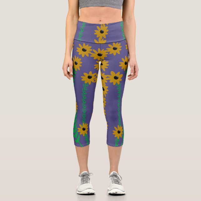 Gelbe Blumen und Stalks Capri Leggings (Vorderseite)