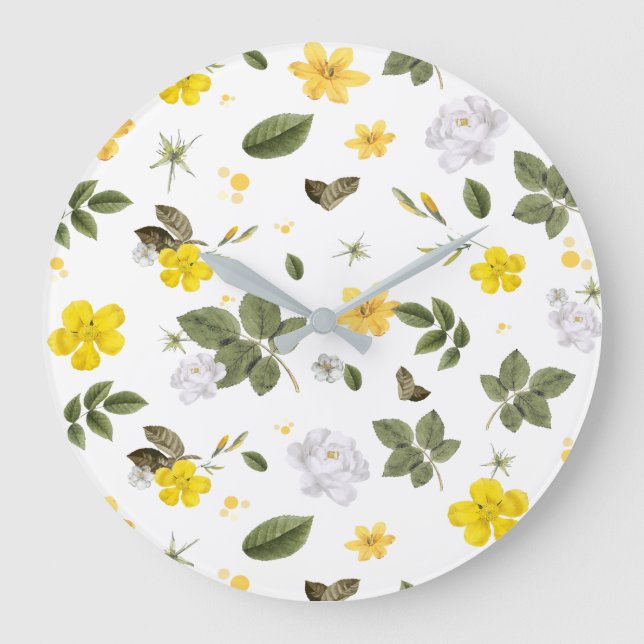 Gelbe Blumen und Weiße Rosen 3 Große Wanduhr (Vorderseite)