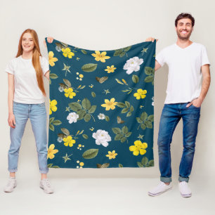 Gelbe Blumen und weiße Rosen Fleecedecke