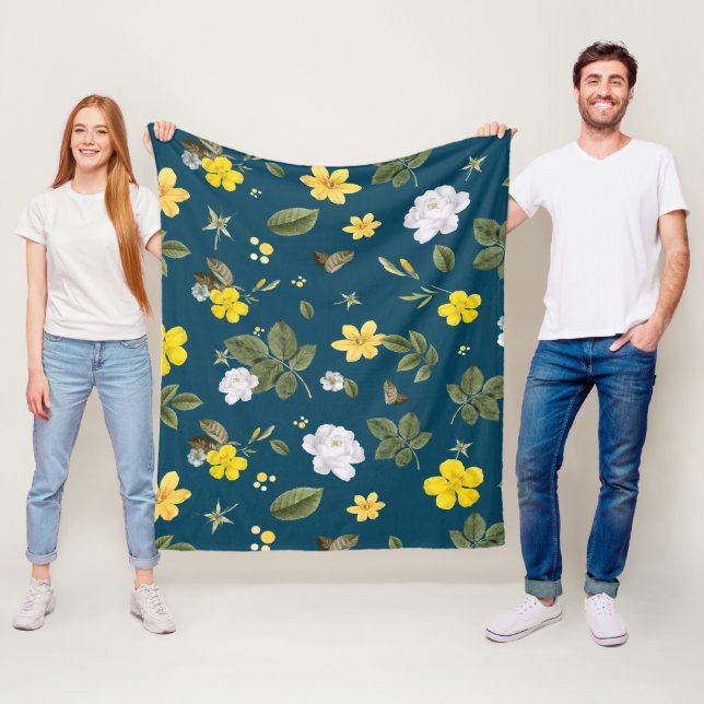 Gelbe Blumen und weiße Rosen Fleecedecke (Beispiel)