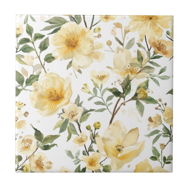 Gelbe Blumenaquarell-Botanischer Garten Fliese (Vorderseite)