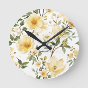Gelbe Blumenaquarell-Botanischer Garten Runde Wanduhr