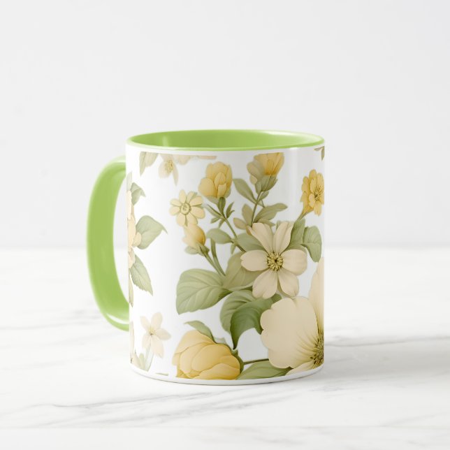 Gelbe Blumengarten-Tasse mit grünem Griff Tasse (Vorderseite Links)