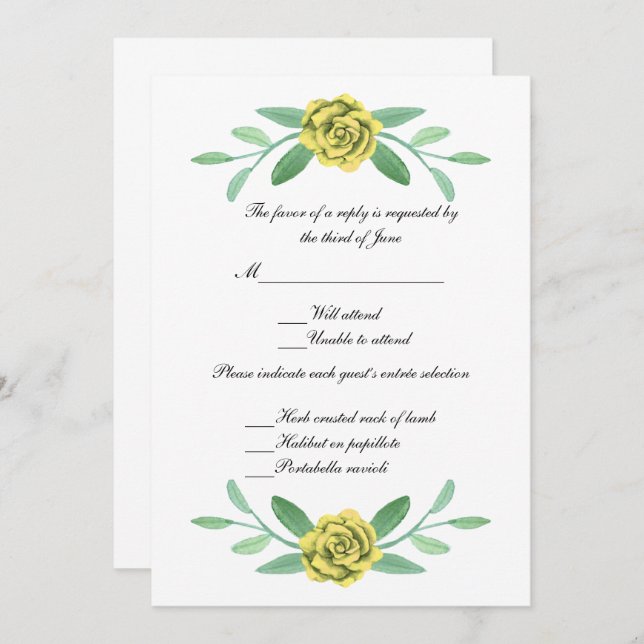 Gelbe Blumengrün Foliage Hochzeitreaktion Einladung (Vorne/Hinten)