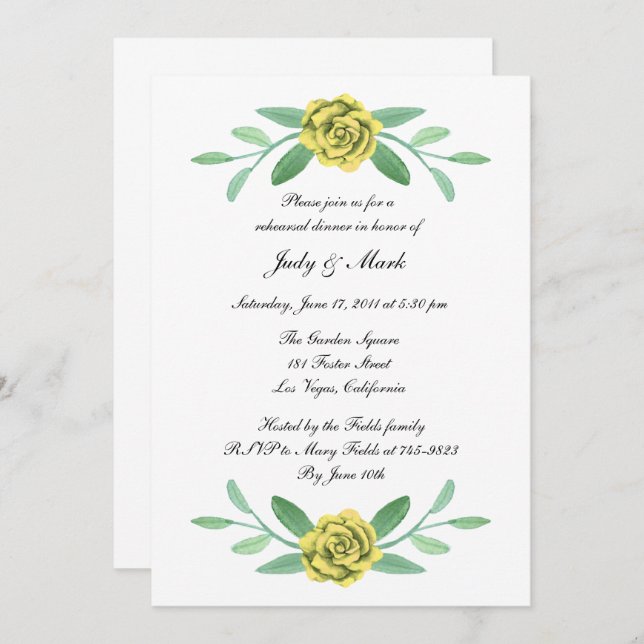 Gelbe Blumengrün Foliage Probe Abendessen Einladung (Vorne/Hinten)