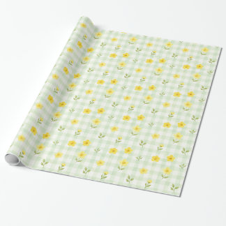Gelbe Blumengrün kariert Wasserfarben Geschenkpapi Geschenkpapier
