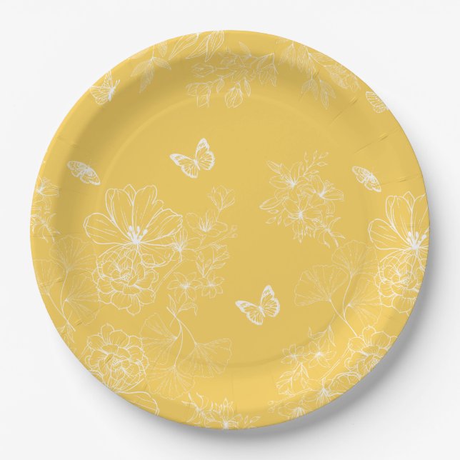Gelbe Blumenmuster, blumenreich, Minimalistisch Pappteller (Vorderseite)