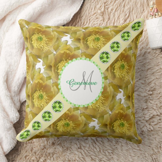 Gelbe Blumenmuster, grüne Edelsteine und Perlen Kissen (Decke)