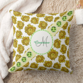 Gelbe Blumenmuster, grüne Edelsteine und Perlen Kissen