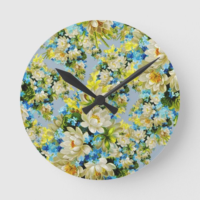 Gelbe Blumenmuster im Vintage-Stil Runde Wanduhr (Vorderseite)