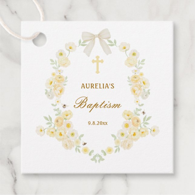 Gelbe Blumenrahmen Bogen Taufe Geschenkanhänger (Vorderseite)
