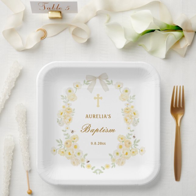 Gelbe Blumenrahmen Bogen Taufe Pappteller (Hochzeit)