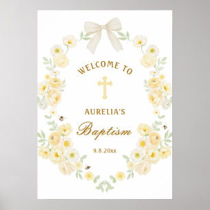 Gelbe Blumenrahmen-Bogen-Taufe Willkommen Poster