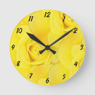 Gelbe Blumige Blumen Abstrakte Rosenmuster Modern Runde Wanduhr