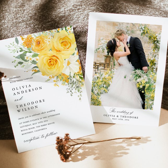 Gelbe Blumige Rosen Hochzeitsfoto Hintergrund Einladung (Yellow floral rose wedding invitation with photo back, watercolor yellow rose wedding stationery)