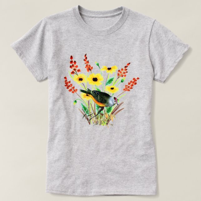 Gelbe Blüten in Wasserfarbe mit Bird Gray T-Shirt (Design vorne)
