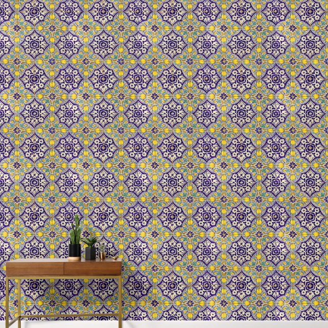 Gelbe Blüten mit blauem Muster Tapete (Hausflur)