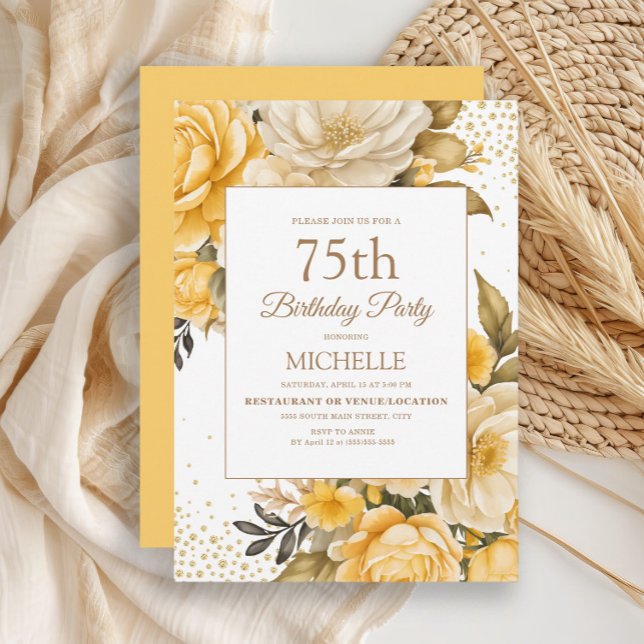 Gelbe Blütengoldblume Glitzer 75. Geburtstag Einladung (Yellow and ivory watercolor floral women's 75th birthday party invitation)