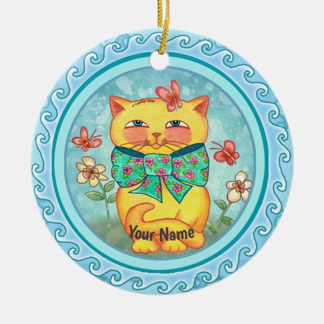 Gelbe Blütenkatze Keramik Ornament (Vorne)
