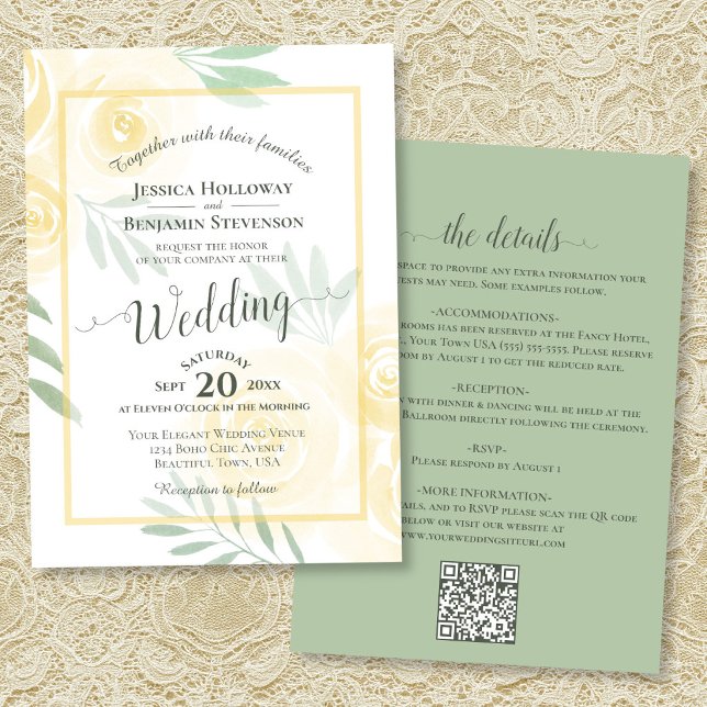 Gelbe Boho-Rosen Kalligrafie & QR-Code Hochzeit Einladung (Front/Back)