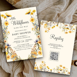 Gelbe Boho-Wildblumen-Blumen-QR-Code-Baby-Party Einladung