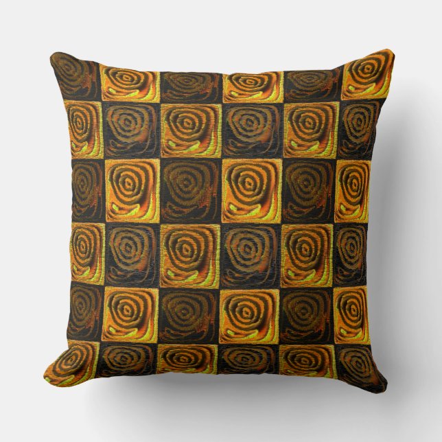 Gelbe braune Quadrate mit Kreisen in rustikalem Mo Kissen (Vorderseite)