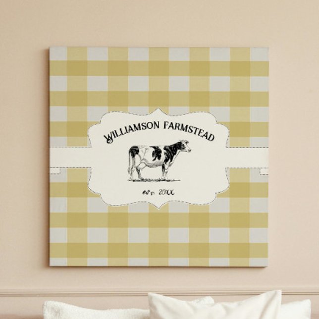 Gelbe Buffalo Karierte Farm Kuh Canvas Print Leinwanddruck (Yellow Buffalo Plaid Farm Cow Canvas Print)
