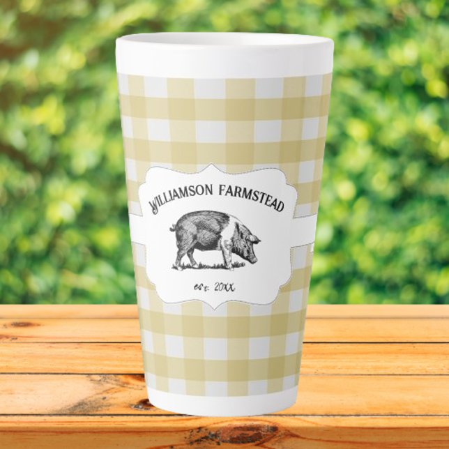 Gelbe Buffalo Karierte Farm Schwein Latte Tasse (Yellow Buffalo Plaid Farm Pig Personalized Latte Mug)