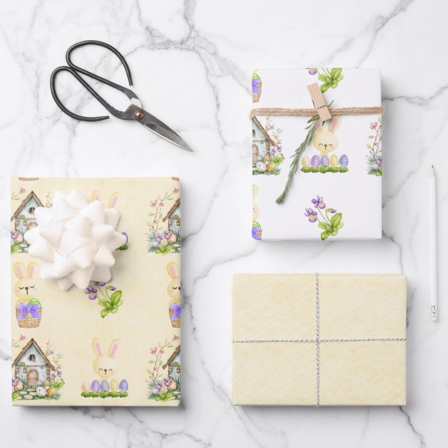 Gelbe Bunnies auf Zuhause mit Ostereiern Geschenkpapier Set (Vorderseite)