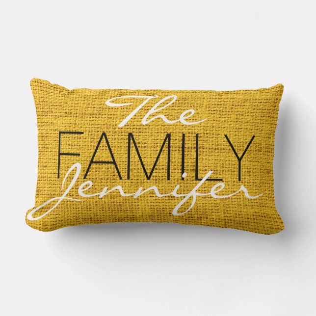 Gelbe Burlap-Rustikale Linse Monogramm Lendenkissen (Vorderseite)