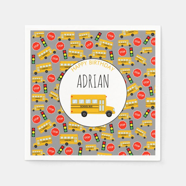 Gelbe Bushaltestelle der Schule Unterschreiben von Serviette (Vorderseite)