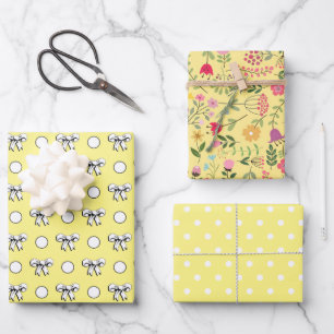 Gelbe Butterblumen und weiße Punkte Wildblumen Geschenkpapier Set