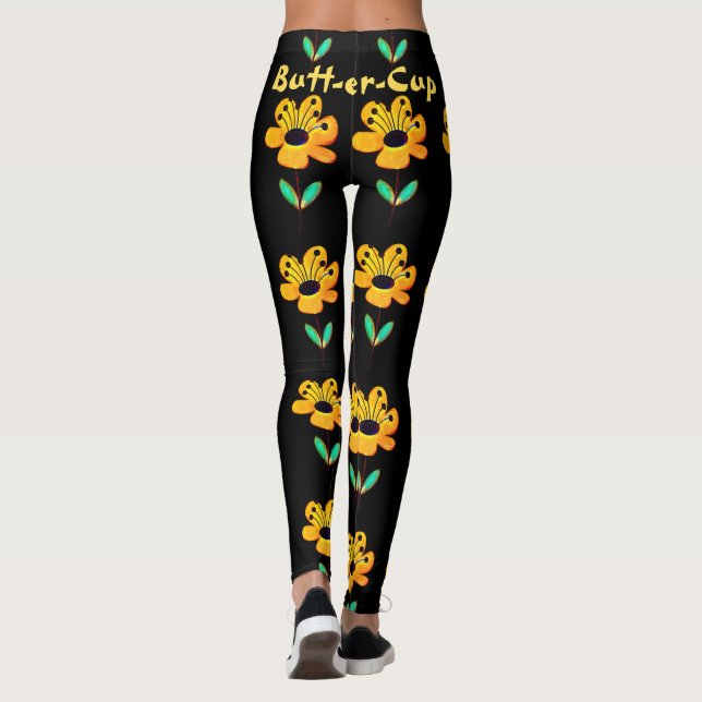 Gelbe Buttercup Blume Blumenmuster Schwarzer Yoga Leggings (Rückseite)
