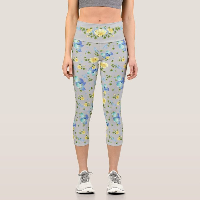 Gelbe Buttercups und blaue Iris Capri Leggings (Vorderseite)