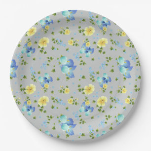 Gelbe Buttercups und blaues Irispapier Pappteller
