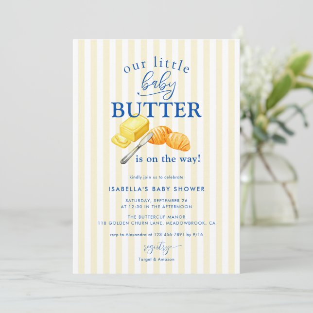 Gelbe Butterstreifen Baby Shower Einladung (Stehend Vorderseite)