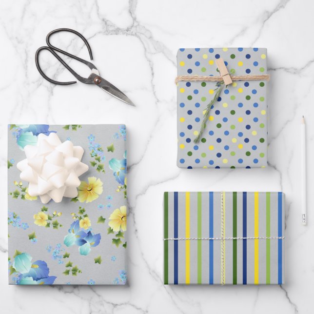 Gelbe Buttertassen und blaues Iriswackelpapier Geschenkpapier Set (Vorderseite)