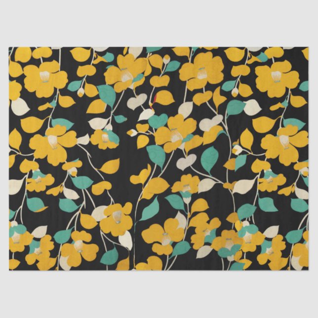 GELBE CAMELLIAS, WEISSE GRÜNE BLÄTTER, SCHWARZ SEIDENPAPIER (Vorderseite)