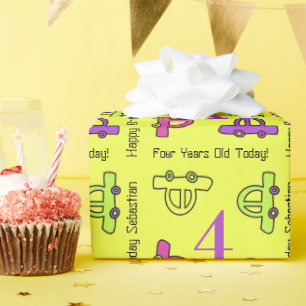 Gelbe Cartoon Vierte Geburtstage Geschenkpapier