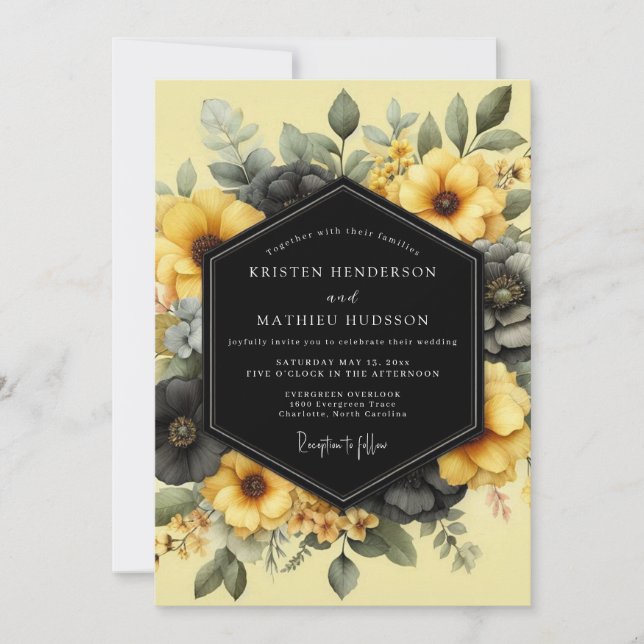 Gelbe Chiaroscuro Flora Hochzeit Einladung (Vorderseite)