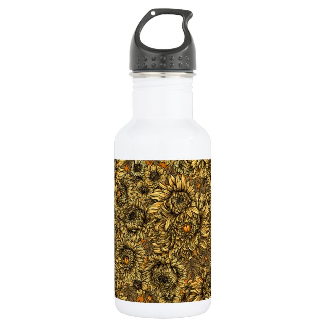 Gelbe Chrysanthemenblüten und orange Käfer Edelstahlflasche (Vorderseite)