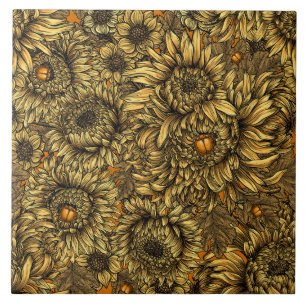 Gelbe Chrysanthemenblüten und orange Käfer Fliese