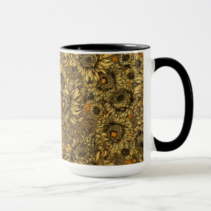 Gelbe Chrysanthemenblüten und orange Käfer Tasse