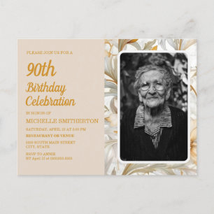 Gelbe Creme-Blumen Damen 90. Geburtstag Phot Einladungspostkarte